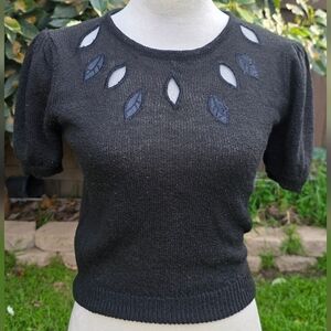 Organically Grown Vintage Black Knit Top with Leaf Cutouts